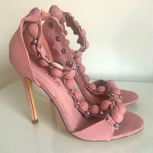 Blush pink open toe heels